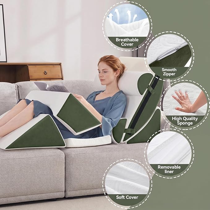 7PCS Wedge Pillow Set for After Surgery,Bed Orthopedic Pillow for Sleeping, Memory Foam Back Pillow for Pain Relief and Acid Reflux, Adjustable Sitting Up for Bed Post Surgery Pillow Green