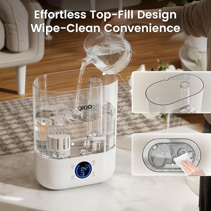 QIDO Top Fill Humidifiers for Bedroom, 5 L Cool Mist 36H Super Long Time, Quiet 28dB Essential Oil Diffuser for Baby & Plants, 3 adjustable Mist with Touch/APP/7-color Nightlight, White