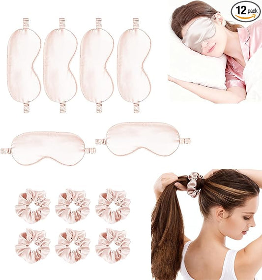 12Pcs Silk Sleep Masks Satin Eye Mask Silky Eyes Cover Blindfold Eyeshade Hair Ties Scrunchy Travel Bridesmaids Gifts