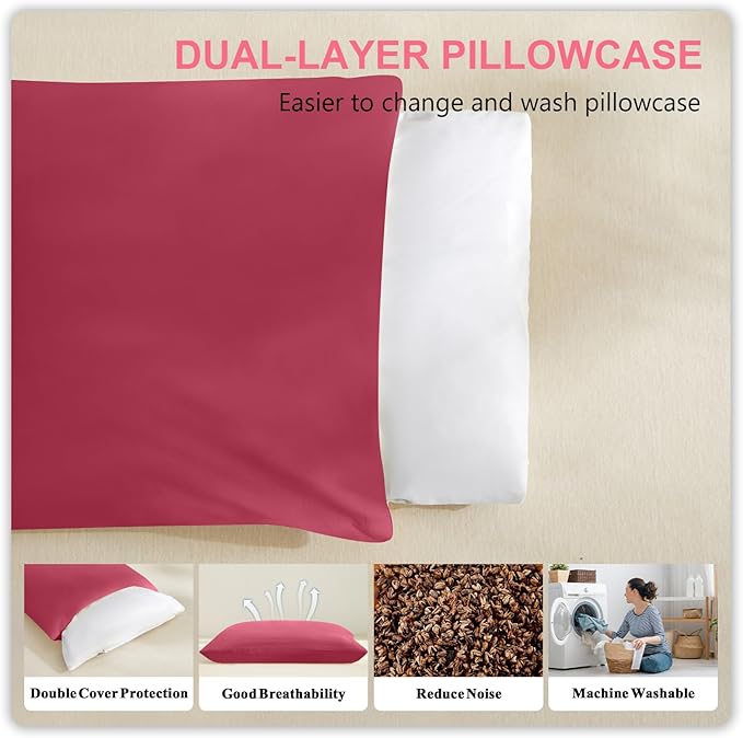 MIOTO Organic Buckwheat Pillow for Sleeping with Dual-Layer Pillowcase and Extra Tartary Buckwheat Hulls, Adjust Height and Firmness, Neck Support Pillow for Back and Side Sleepers 14"x20", Burgundy