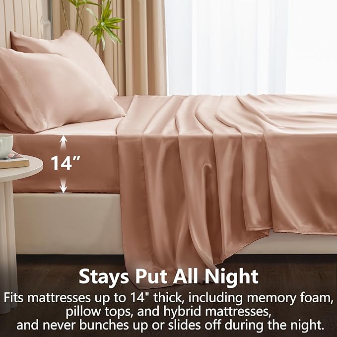 CozyLux Satin Sheets Queen Size Bed Set - 4 Piece Silky Queen Sheet Set, Luxury Salmon Pink Queen Sheets with Smooth and Soft Microfiber, Includes 1 Fitted Sheet, 1 Flat Sheet and 2 Pillowcases