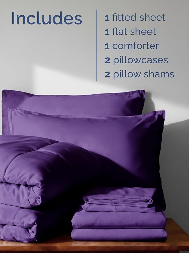 Queen Comforter Set - 7 Piece Bed in a Bag Queen Size Bed Set - Down Alternative Comforter, Flat Sheet, Fitted Sheet, Pillowcase & Shams for All Seasons - Ultra Soft, Cozy, Comfy & Breathable - Purple