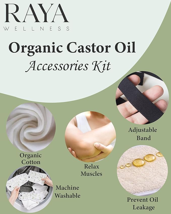 Organic Cotton Castor Oil Accessories Kit - 7 Piece Set (Eye, Knee, Neck, Liver Packs & Flannel)