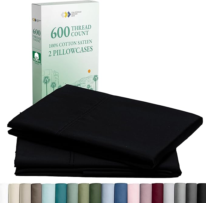 California Design Den Premium Pillow Cases King Size Set of 2-600 Thread Count Sateen, Natural 100% Cotton King Pillowcases, Crisp, Durable Bedding - Black