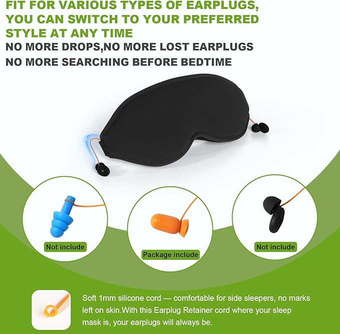 3D Contoured Sleep Mask with Earplug Retainer Cord,100% Pressure-Free & Total Light Blocking Eye Mask with Adjustable Strap. Ideal for Sleep Earplug User, Airplane Travel, Meditation Black