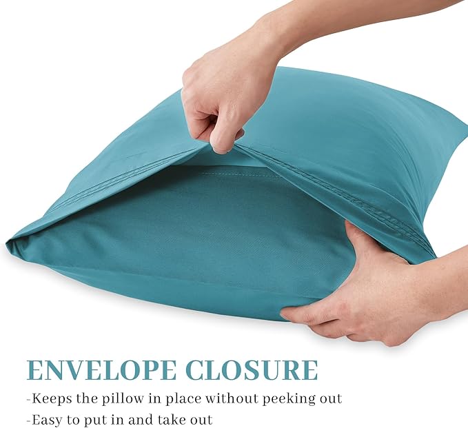 YIYEA Pillow Cases Standard Size Set of 4, Ultra Soft 1800TC Hotel Quality Double Brushed Microfiber Embroidered Pillowcases, Envelope Closure, Fade Resistant (20"x26", Teal)