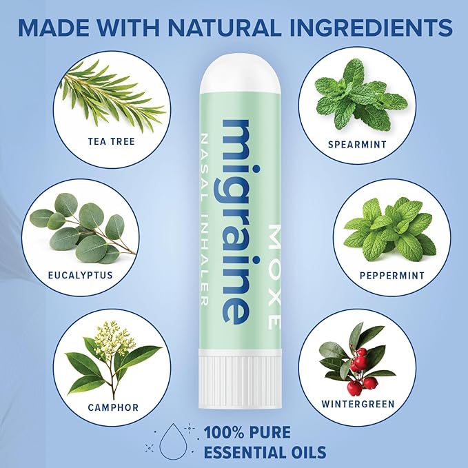 MOXE Migraine Relief Nasal Inhaler, Essential Oils for Headaches & Tension Relief, Portable Aromatherapy, Easy-to-Use, Pure & Undiluted, Peppermint, Spearmint, Eucalyptus, Tea Tree, USA Made, 1 Pack