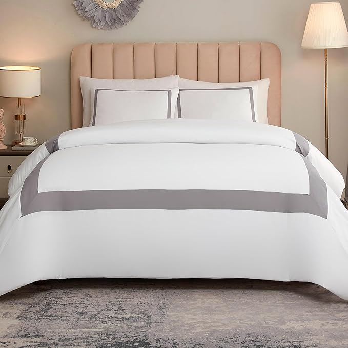 OSVINO King Duvet Cover Set - Hotel Style Grey Line Pattern Microfiber Bedding, 3 Pieces with Pillowcases, Soft Breathable with Zipper Closure, Cooling Feel, Wrinkle Resistant, Comforter Not Included