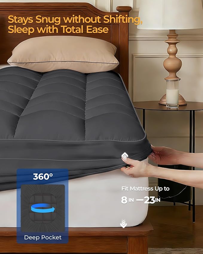 KAYFIA TwinXL Mattress Topper,Extra Thick Mattress Pad Cover for Deep Sleep,3D+7D Snow Down Alternative Fill Overfilled Plush Pillow Top Mattress with 8-23 Inch Deep Pocket-Grey