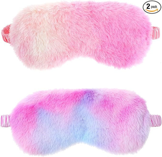2 Pcs Plush Eye Mask Soft Sleeping Blindfold Eye Cover Comfortable Furry Faux Fur Sleeping Mask Satin Nap Night Eyeshade Cover for Women Men Gift (Purple, Red)