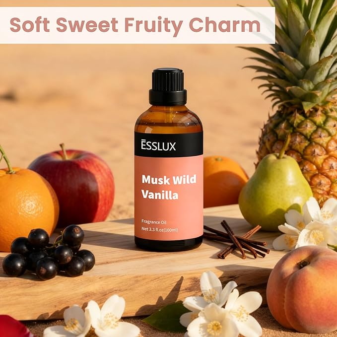 Musk Wild Vanilla Fragrance Oil, ESSLUX 100ml 3.3 oz Large Single Scented Oils, Aromatherapy Essential Oils for Home for Diffuser, Massage, Soap, Candle Making Scents