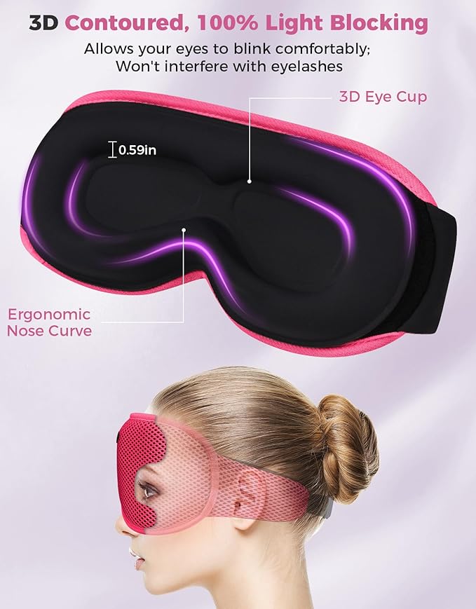 Sleep Mask with Bluetooth Headphones, Removable 3D Contoured Cup, Wireless Eye Mask for Sleep, Sleeping Headphones with Thin Stereo Speakers for Men, Women, Travel, Relaxation - Rose Red