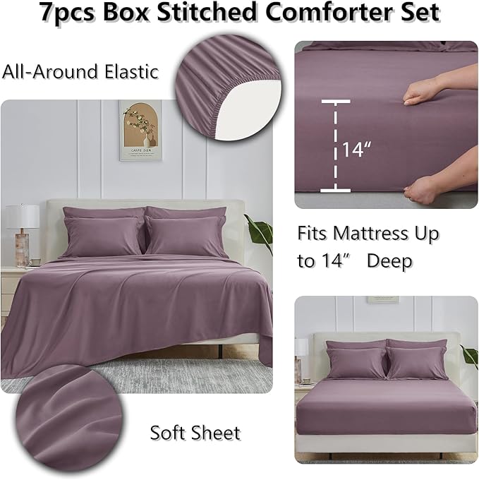 CozyLux Queen Comforter Set Dusty Purple, 7 Pieces Bed in a Bag Queen, All Season Breathable Bedding Set, Oeko-Tex Certified Bed Set with Down Alternative Comforter, Sheets, Pillowcases & Pillow shams