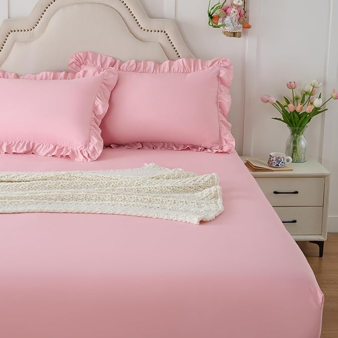 Homiest 3-Pieces Ruffle Pillow Case & Fitted Sheet Set, Light Pink Full Sheets with 2 Ruffled Pillow Shams, 15 Inch Deep Pocket, Cute & Coquette Microfiber Bed Set for Decorating Bedroom Hotel