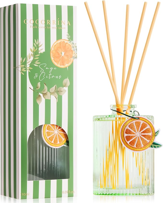 COCORRÍNA Reed Diffuser Set, 6.09 fl oz Sage&Citrus Oil Diffuser with 8 Reed Sticks & Fruit Charm, Long-Lasting Home Fragrance for Bathroom Bedroom Office