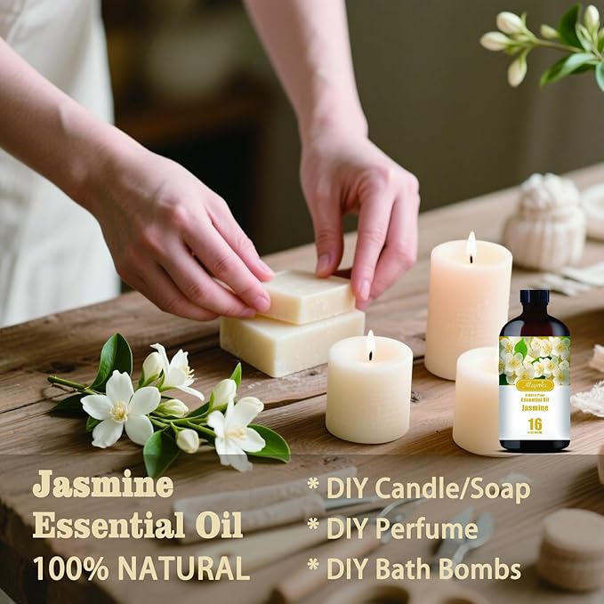 Jasmine Essential Oil – MLYNKL Jasmine Oils 16.33 fl oz for Diffusers, Humidifiers, Massage, DIY Candles, Soap, Cleaning, Home, Yoga, Office, Gifts - 490 ml