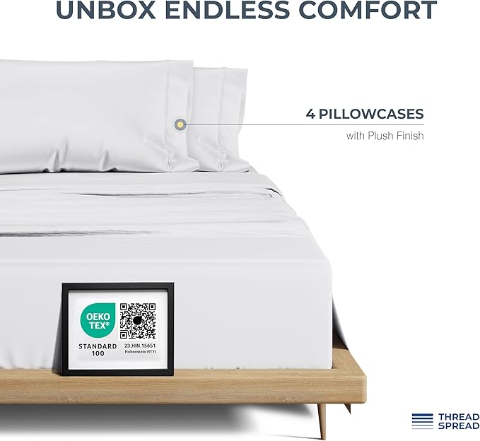 THREAD SPREAD 100% Egyptian Cotton King Size Pillow Cases Set of 4 - Luxury 1500 Series Pillow Cases King Size (White), Soft Cooling Envelope Closure Hotel Quality Egyptian Cotton Pillowcases