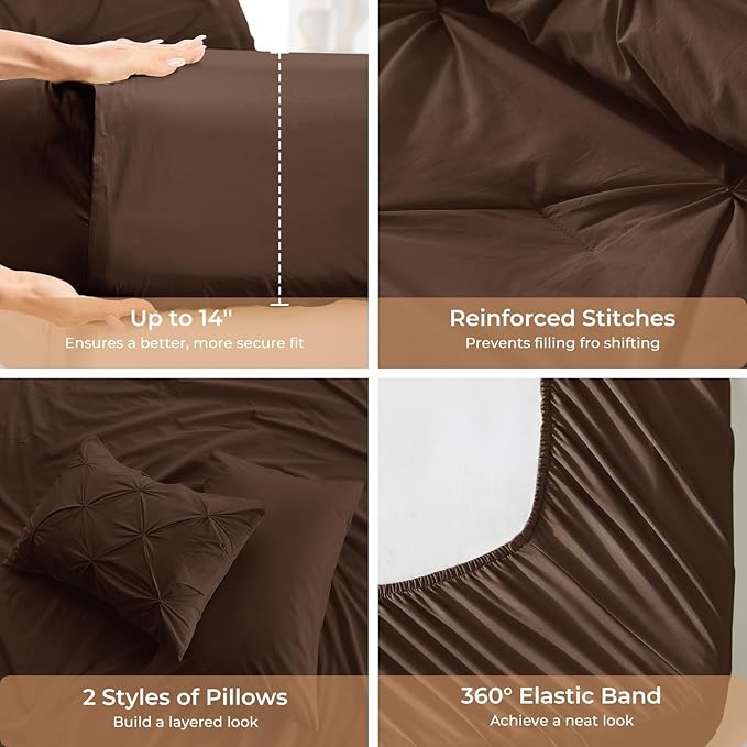 Sasttie King Size Comforter Set, 7-Piece Bed in a Bag, Pintuck Bedding Set for All Season, Includes Comforter, Flat Sheet, Fitted Sheet, Pillowcases and Pillowshams, Dark Brown