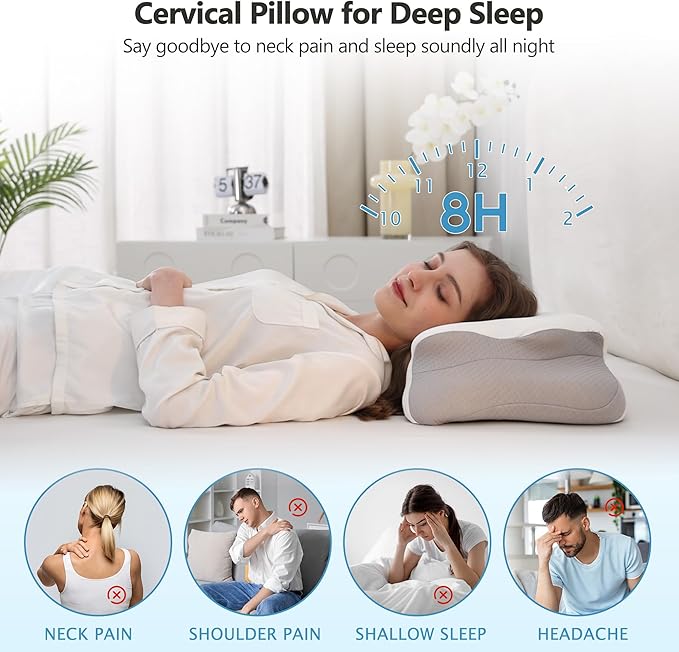 Cervical Pillow for Neck Pain Relief, 5.5"/4.3" Dual Loft Queen Size Memory Foam Pillow for Side, Back Sleepers with Broad Shoulders, Orthopedic Contour with Cooling Cover, Medium Firm, White