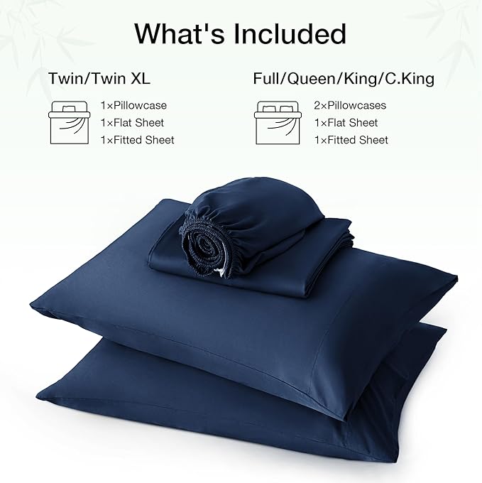 Love's cabin 4 Piece Full Size Sheet Set, 100% Rayon Derived from Bamboo, Cooling & Breathable, Soft Silky Deep Pocket up to 16", Hotel Luxury Bedding for Hot Sleepers, Navy
