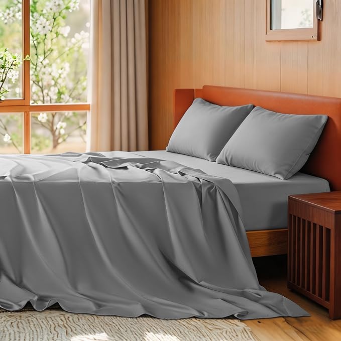 SONORO KATE 100% Egyptian Cotton Sheets King Size - 600 Thread Count, Luxury Hotel Sateen Weave Bedding Set, Soft Breathable Sheet Sets, 16" Deep Pocket - 4 PC(Grey,King)