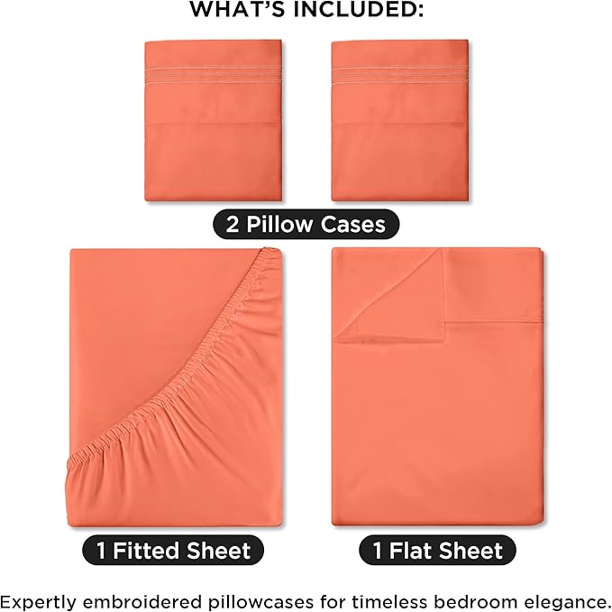 ROYALE LINENS 4 Piece King Sheets Set - Soft Brushed 1800 Microfiber Bedding - 1 Fitted and 1 Flat Sheet, 2 Pillow Cases - Wrinkle Free & Fade Resistant - Hotel Luxury Bed Sheets Set (Coral, King)