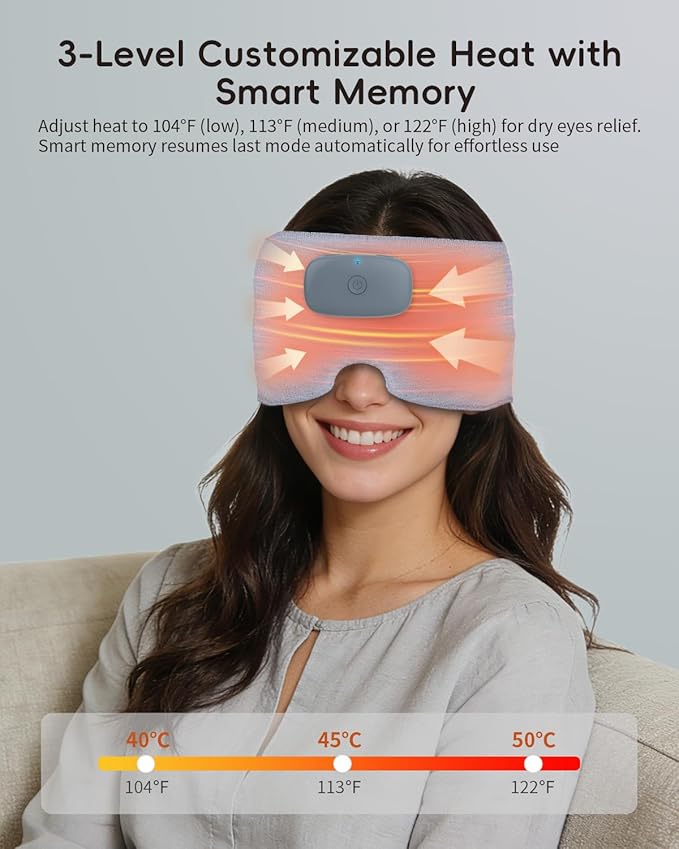 Heated Eye Masks for Dry Eyes with Bluetooth 6.0 Headphones - 3 Heat Levels, Memory Function, Soft Fabric Sleep Mask for Eye Strain & Migraine Relief - Unisex Light Gray