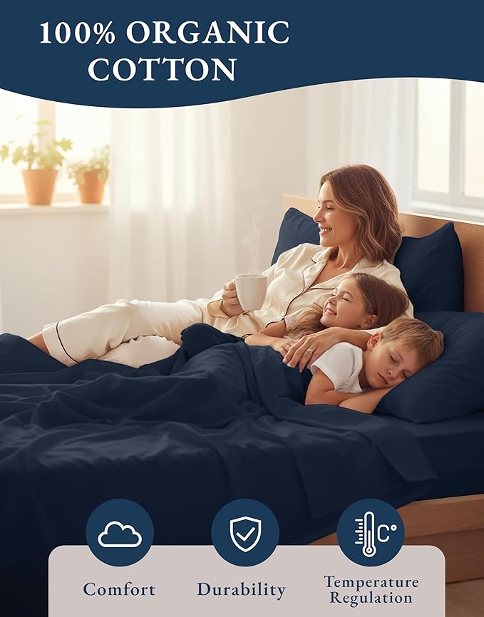 LANE LINEN 100% Organic Cotton California King Bed Sheets, 4-Piece Pure Percale Sheets Soft Breathable Cotton Bed Sheets, Deep Cal King Sheets for Thick Mattress - Navy