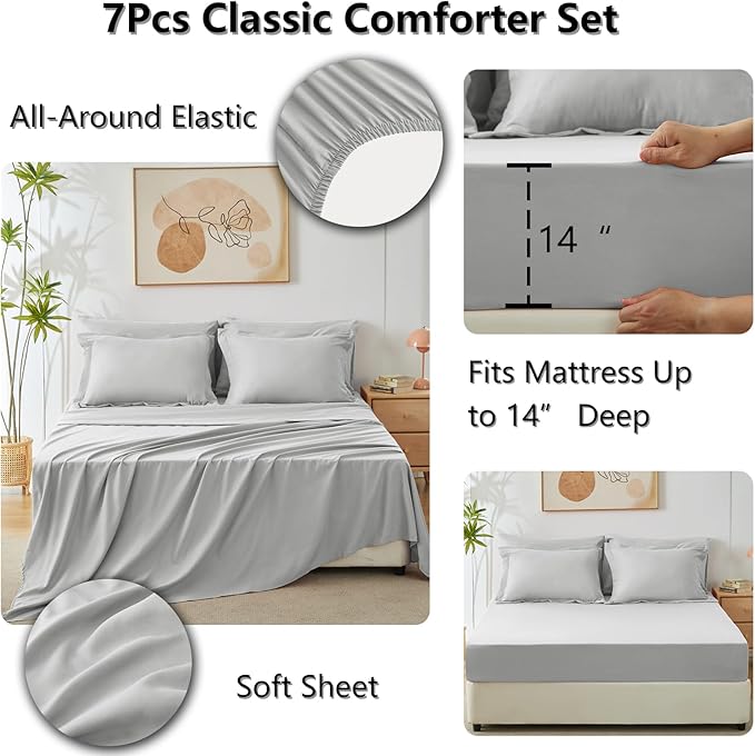 CozyLux California King Comforter Set Light Grey - Cal King Bed in a Bag 7 Pieces, Luxury Soft Bed Set for All Seasons, Bedding Set with Down Alternative Comforter, Sheets, Pillowcases & Shams