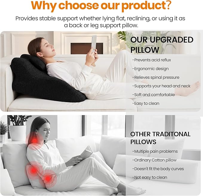 Memory Foam Ergonomic Wedge Pillow for Sleeping, Acid Reflux & Snoring Relief, 27°Angle Perfect Position Wedge Pillow with Washable Cover, Comfort Support for Waist, Neck & Back