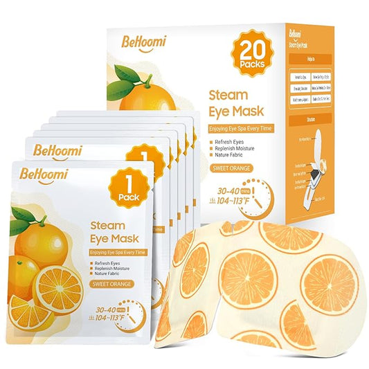 BeHoomi 20Packs Steam Eye Mask, Heated Eye Mask Warm Compress for Eyes, Disposable Self Heating Steam Mask for Sleep, Spa, Travel Essentials, Relaxation Gifts for Women, Mothers Day Gifts (Orange)
