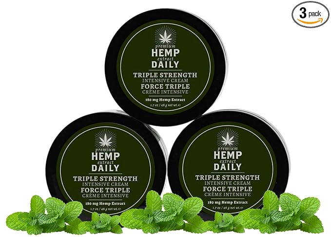 Premium Hemp Extract Daily Triple Moisturizing Cream - Topical Rub with Essential Oils and Moisturizer - Vegan, Organic Ingredients - Classic Mint, 1.70 oz - Pack of 3
