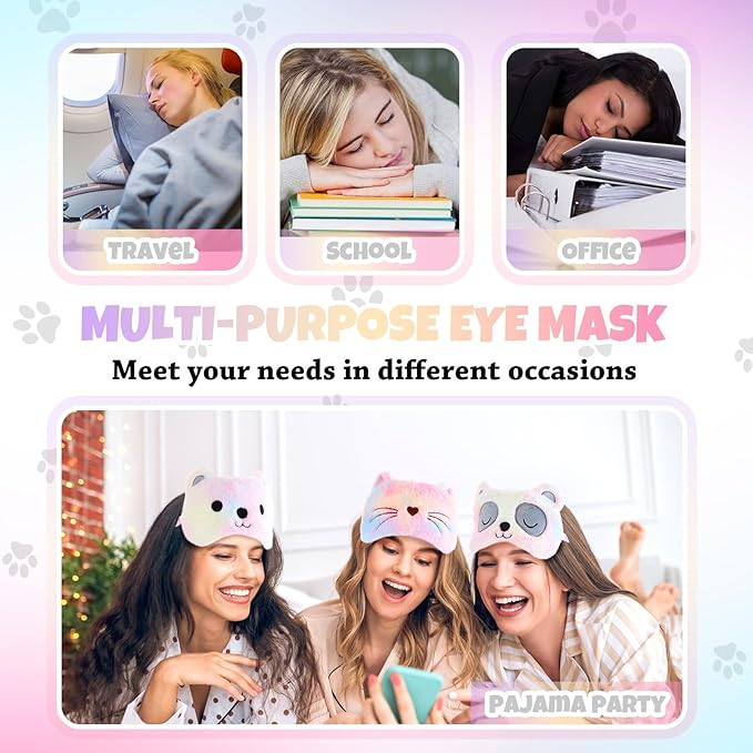 Geyoga 3 Pcs Sleep Mask for Kids, Girls Plush Sleeping Eye Cover Soft Eye Blindfold Cover Animal Shade for Kids(Colorful,Cat, Bear, Panda Style)