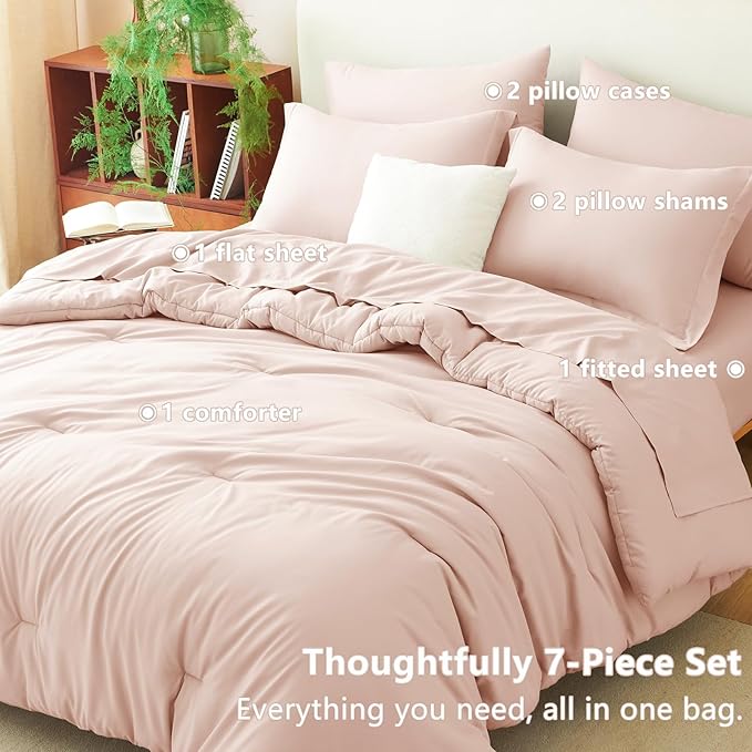 CozyLux Oversized King Comforter Set Blush Pink, 7 Pieces Bed in a Bag Comforter Set with Sheets, Soft Bedding Sets with Down Alternative Comforter, Fitted Sheet, Flat Sheet, Pillowcases and Shams