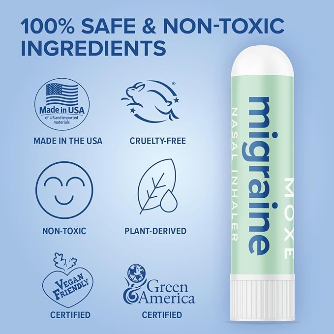 MOXE Migraine Relief Nasal Inhaler, Essential Oils for Headaches & Tension Relief, Portable Aromatherapy, Easy-to-Use, Pure & Undiluted, Peppermint, Spearmint, Eucalyptus, Tea Tree, USA Made, 1 Pack