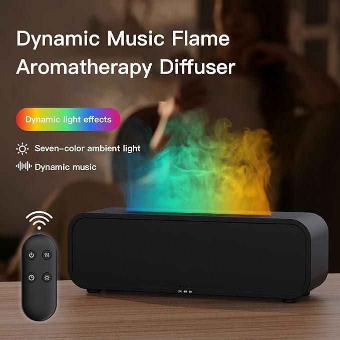 Sound Reactive Flame Aromatherapy Diffuser, 250ml Essential Oil Humidifier with Music Sync Lighting, 7-Color Flame Effects, Remote Control, Timer & Auto Shut-Off for Home, Bedroom, Yoga (Black)