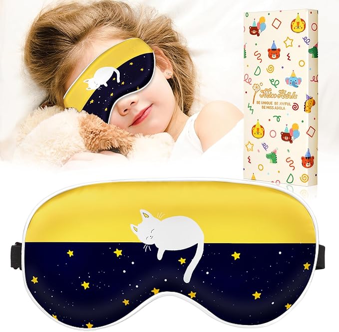 Miss Adola Sleep Mask for Kids - Cute Kawaii Cartoon Silk Sleeping Mask with Adjustable Strap Soft Smooth Light Eye Mask for Sleeping Silk Kids Eye Cover for Boys Girls Teens, Sleep Cat