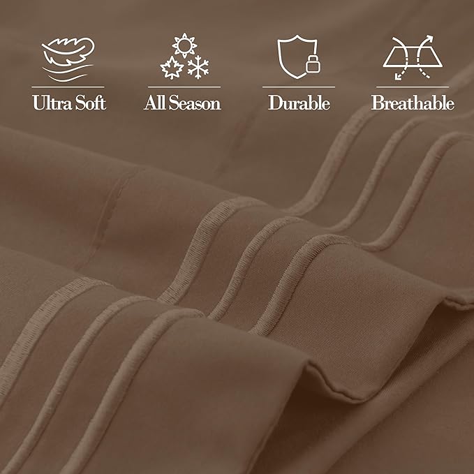 Mocassi 2-Piece Premium King Pillowcase Set 1800 Series Hotel Quality Microfiber - Soft and Breathable with 3-Line Embroidery Wrinkle and Stain Resistant, Easy Care, 20" x 40", Taupe