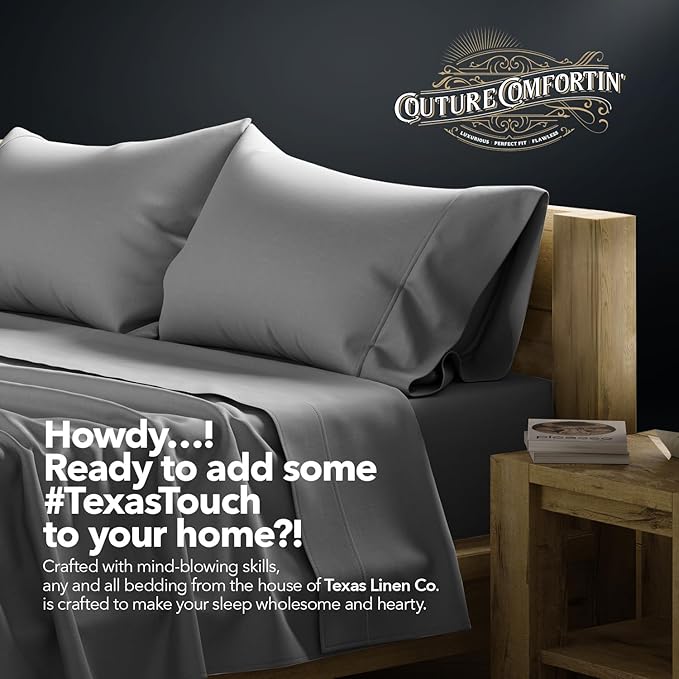 TEXAS LINEN CO. 100% Egyptian Cotton Queen Sheets Set - Luxury 1500 Series Couture Comfortin' Collection Egyptian Cotton Sheets Queen Size Bed Set (4 PC, Dark Grey), 17" Deep Pocket, Hotel Bedding Set