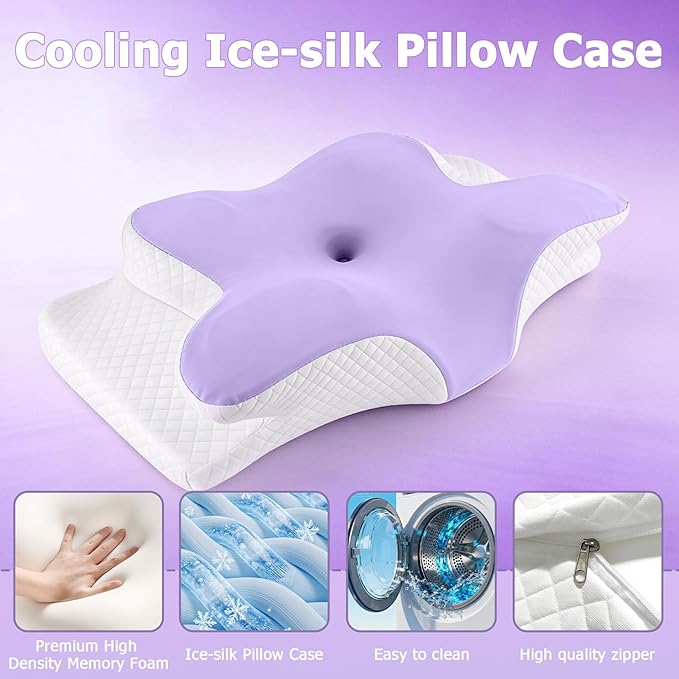 Memory Foam Neck Pillow - Adjustable Orthopedic Contour Pillow for Neck & Shoulder Support, Odorless, Side Back Stomach Sleeper Friendly, Enhanced Spinal Alignment - Light Purple