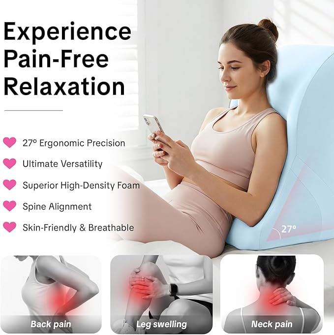 Memory Foam Ergonomic Wedge Pillow - 27° Lift Support Cushion for Sleeping, Reading & Prone Positions Multi-Functional Rest Pillow for Neck, Waist & Back Pain Relief Washable Cover- Blue