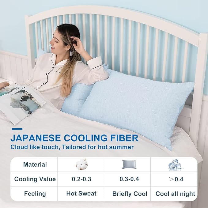 HOMFINE Cooling Pillowcases Queen Size - Double Side Q-Max 0.439 Cooling Fiber for Pillow Protector, Breathable Cold Pillow Cover for Hot Sleeper Night Sweat, Zipper, 2 Pack (20"x30", Light Blue)