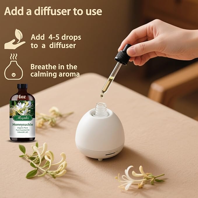Honeysuckle Essential Oil – MLYNKL Honeysuckle Oils 4.33 fl oz for Diffusers, Humidifiers, Massage, DIY Candles, Soap, Cleaning, Home, Yoga, Office, Gifts - 130 ml