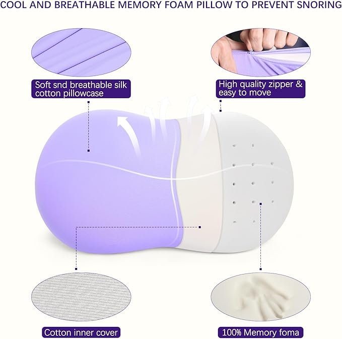 Memory Foam Pillows - Cervical Neck Pillows for Pain Relief, Ergonomic Contour Pillow for Side Back Stomach Sleepers (Purple)