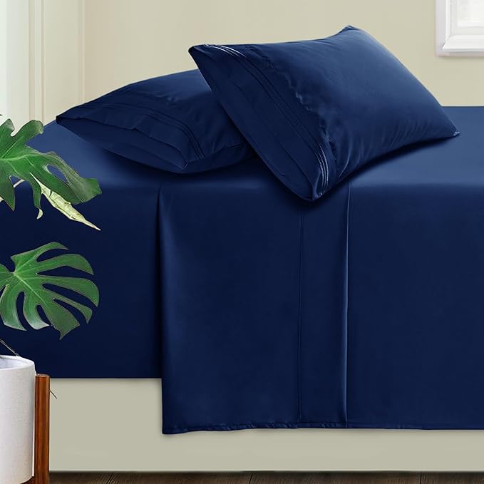 Manyshofu Extra Deep Pocket Full Size Sheets Set - Hotel Luxury 1800 Thread Count Sheets & Pillowcases - Kids Bedding Set up to 24" Mattress - Navy Blue Bed Sheets 18-24 Inch Deep Pockets - 4 Piece