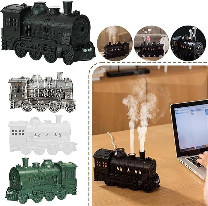 300ml Vintage Steam Train Aromatherapy Essential Oil Diffuser with Dual-Color LED Light, Train Oil Diffuser, 2 Mist Modes, Auto Shut-Off, Ultra-Quiet Humidifier for Home, Office (Green,Two Colors)