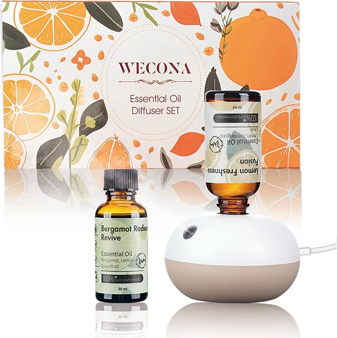 Wecona Waterless Essential Oil Diffuser & 2 Essential Oils Blend Set(30ml) - 2 Mist Modes Scentiment Scent Diffuser Starter Kit for Home,Car,Office,Spa
