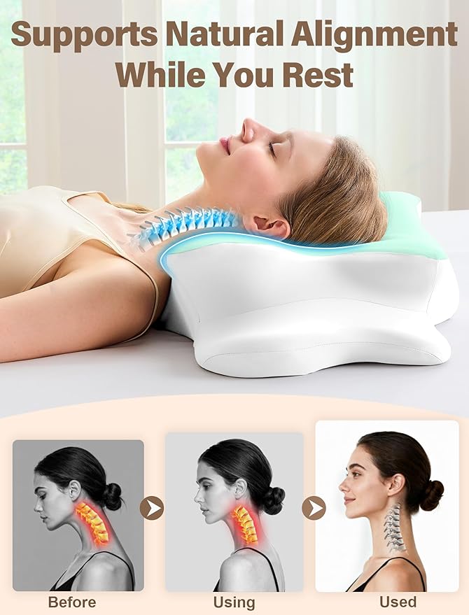 Cervical Neck Pillow for Pain Relief – Ergonomic Memory Foam Pillow for Side Sleeper Contour Orthopedic Bed Pillow for Neck Support with Cooling Cover – Ideal Christmas Birthday Gift for Women - Green