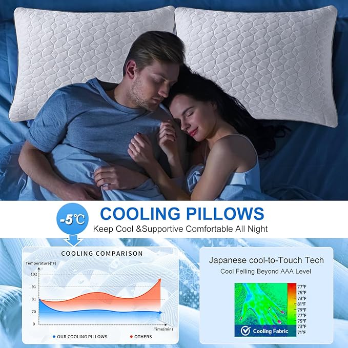 Cooling Pillows Standard Size Set of 4, Shredded Memory Foam Pillows, Adjustable Firm Bed Pillows Cool Cold Pillow for Hot Side Back Stomach Sleepers with Removable Washable Cover, 20" x 26", White