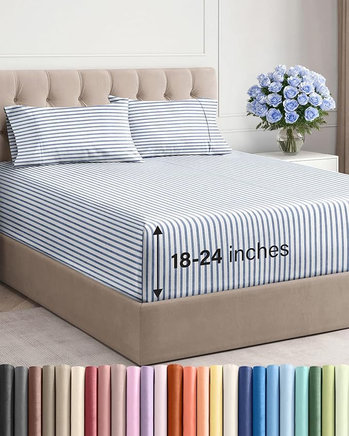 Extra Deep Cal King Sheet Set - 4 Piece Breathable & Cooling Bed Sheets - Easily Fits 18 to 24 inch Mattress - Soft, Wrinkle & Fade Free w/ Extra Deep Pockets - Hotel Luxury Bedding - Blue Stripes 2